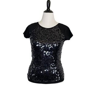 𝅺NWT Black Bling Sequin Tee Top Stretchy XS Loft